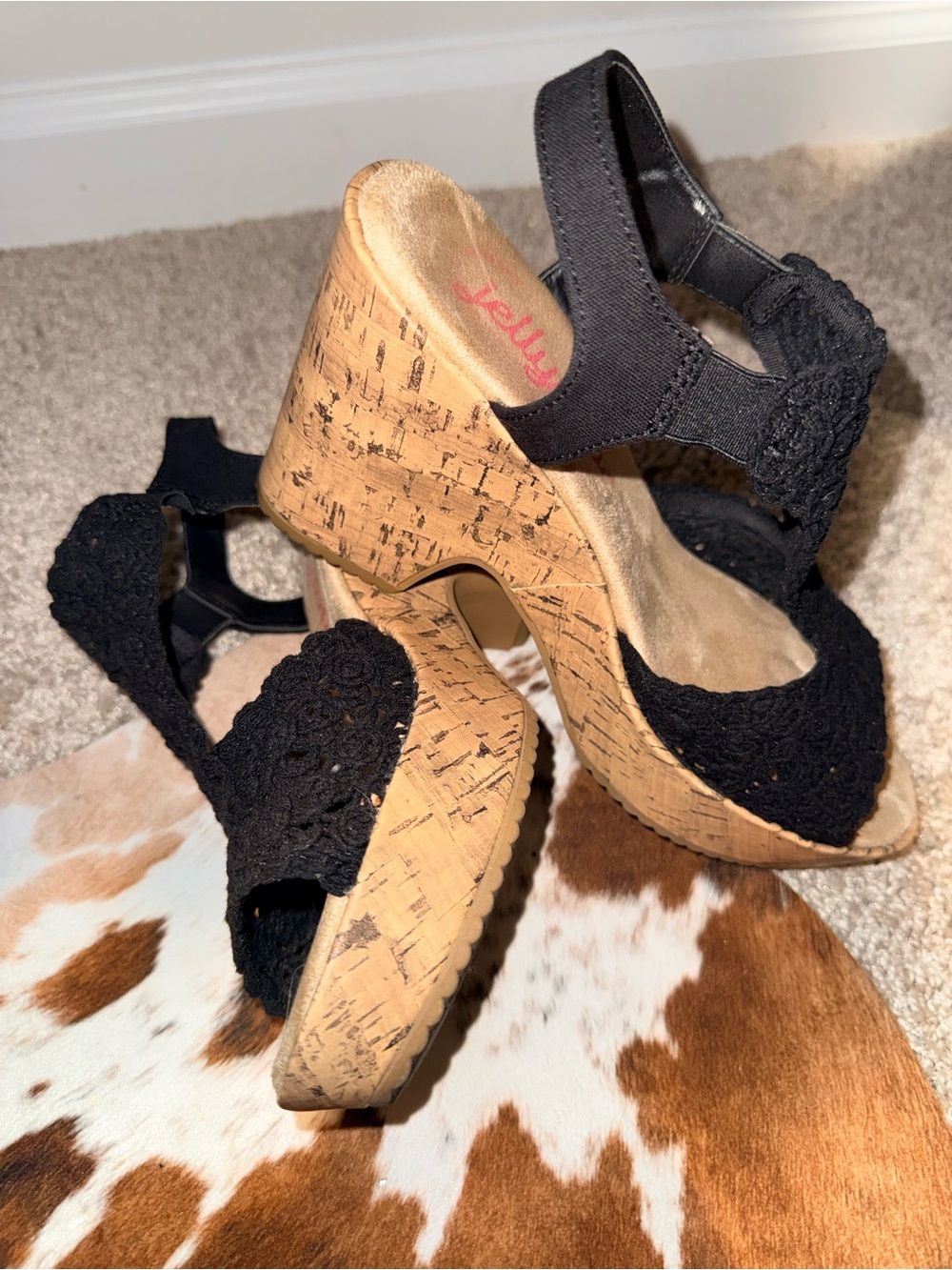 Jellypop Black Crochet Cork Wedge Sandals